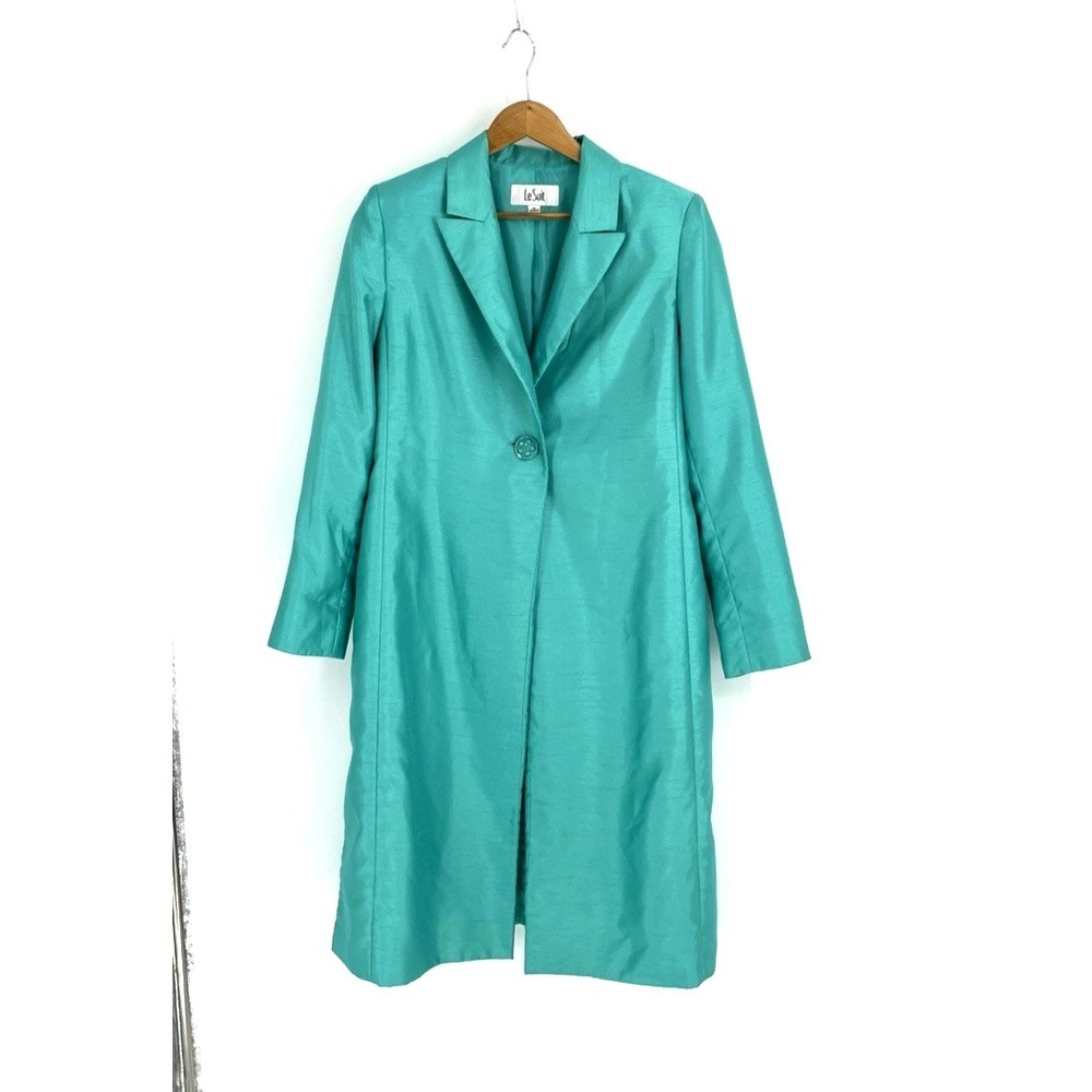 Le Suit Womens Size 10 Trench Coat One‎ Button Long Turquoise Satin